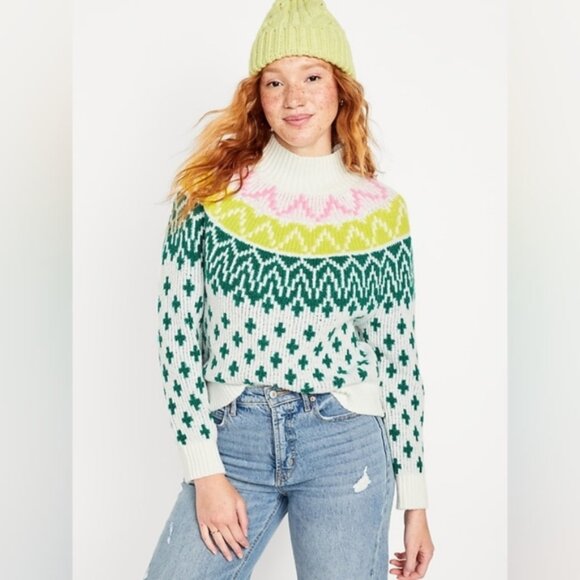 Old Navy Sweaters - Old Navy Fair Isle Fisherman Nordic Barbiecore Oversized Mock Neck Sweater S
